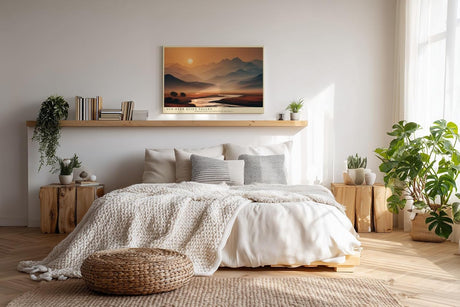 Paul Sinus Wandbild 120x80cm Berglandschaft mit Fluss bei Sonnenaufgang moderne Natur Landschaft Fotokunst warmes Morgenlicht Kunstposter für Wohnzimmer Schlafzimmer Büro