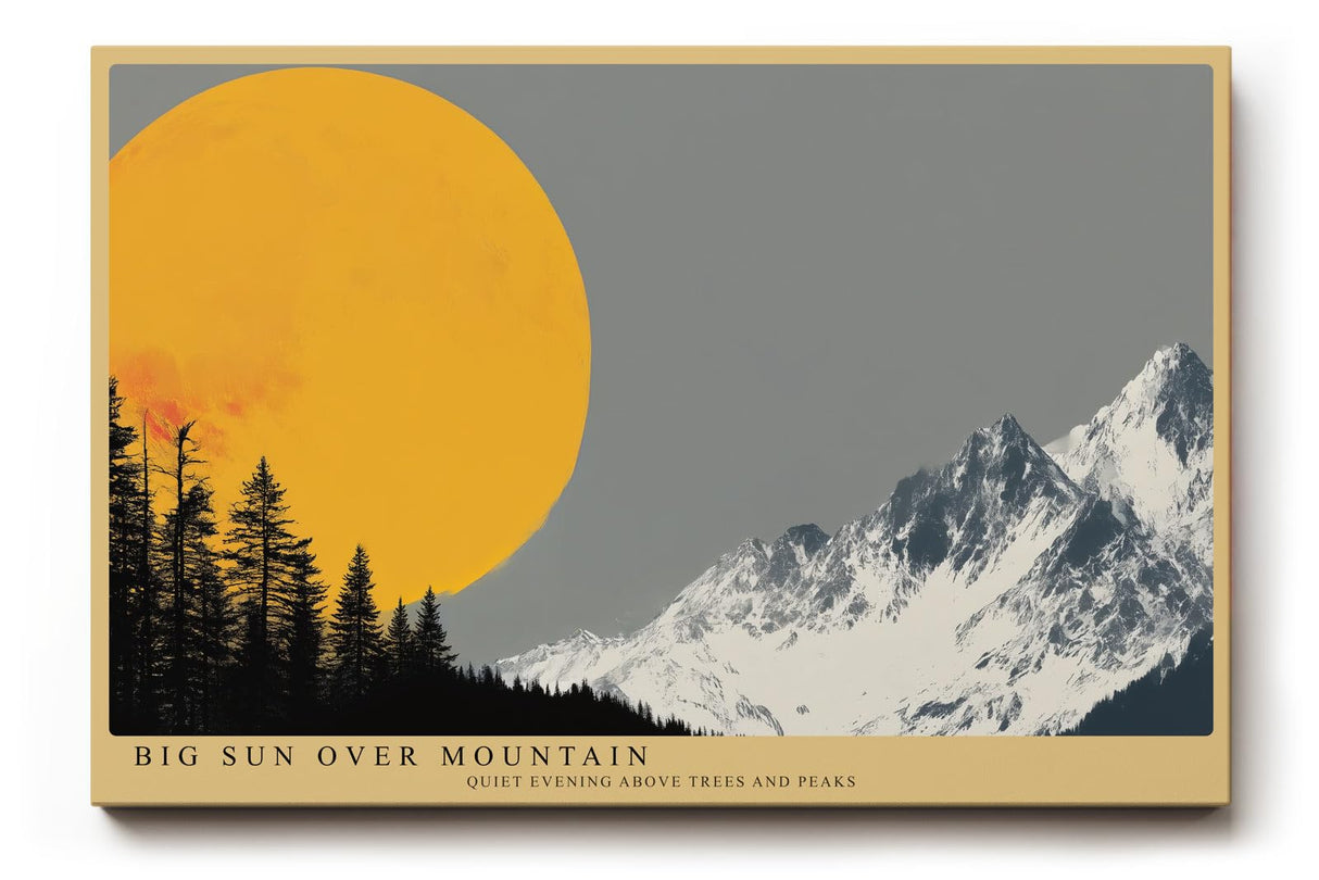 Paul Sinus Wandbild 120x80cm Berglandschaft mit großer Sonne minimalistische Natur Illustration grau orange Panorama stilvolle