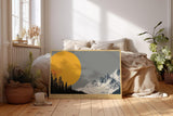 Paul Sinus Wandbild 120x80cm Berglandschaft mit großer Sonne minimalistische Natur Illustration grau orange Panorama stilvolle