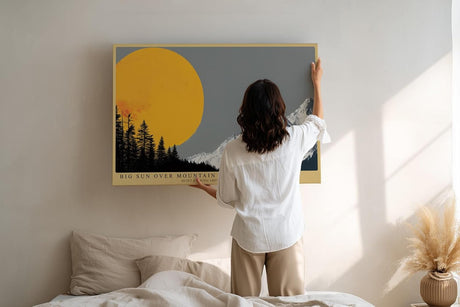 Paul Sinus Wandbild 120x80cm Berglandschaft mit großer Sonne minimalistische Natur Illustration grau orange Panorama stilvolle