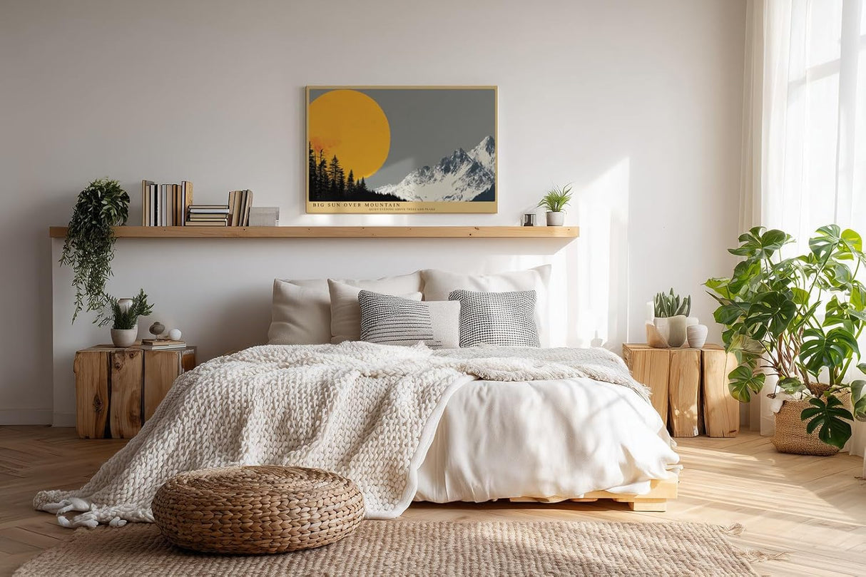 Paul Sinus Wandbild 120x80cm Berglandschaft mit großer Sonne minimalistische Natur Illustration grau orange Panorama stilvolle