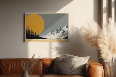 Paul Sinus Wandbild 120x80cm Berglandschaft mit großer Sonne minimalistische Natur Illustration grau orange Panorama stilvolle