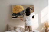 Paul Sinus Wandbild 120x80cm Berglandschaft mit Mond moderne Naturkunst goldener Himmel stilvolle Wanddekoration fuer Wohnzimmer Büro