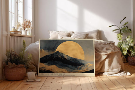 Paul Sinus Wandbild 120x80cm Berglandschaft Mond goldener Himmel moderne Landschaft Kunst Wanddekoration fuer Wohnzimmer Büro