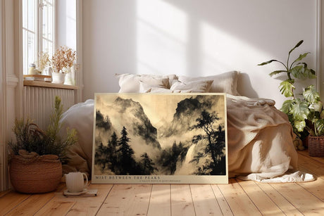 Paul Sinus Wandbild 120x80cm Berglandschaft Nebel Tusche Stil modern schwarz beige Kunstdruck grosses Landschaft Kunstbild elegante Wanddekoration fuer Wohnzimmer Büro