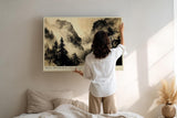 Paul Sinus Wandbild 120x80cm Berglandschaft Nebel Tusche Stil modern schwarz beige Kunstdruck grosses Landschaft Kunstbild elegante Wanddekoration fuer Wohnzimmer Büro