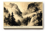 Paul Sinus Wandbild 120x80cm Berglandschaft Nebel Tusche Stil modern schwarz beige Kunstdruck grosses Landschaft Kunstbild elegante Wanddekoration fuer Wohnzimmer Büro