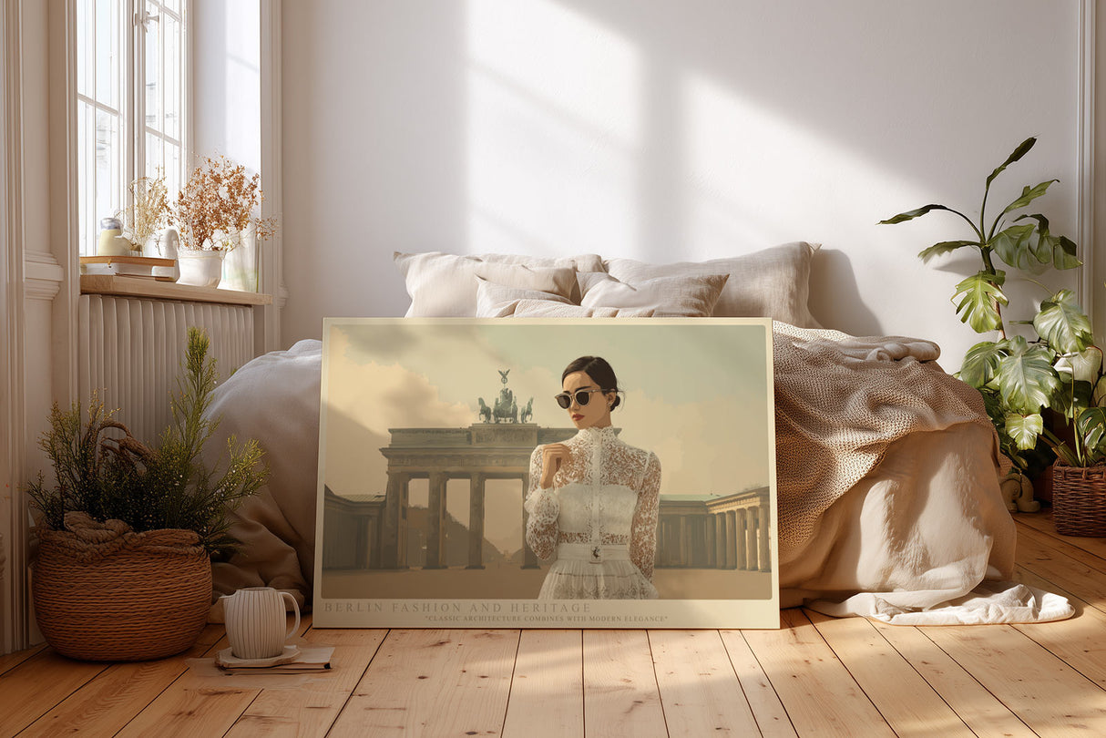 Paul Sinus Wandbild Berlin Fashion and Heritage – Elegante Frau in weißer Spitze vor dem Brandenburger Tor, Symbol für Stil, Geschichte und moderne Ästhetik