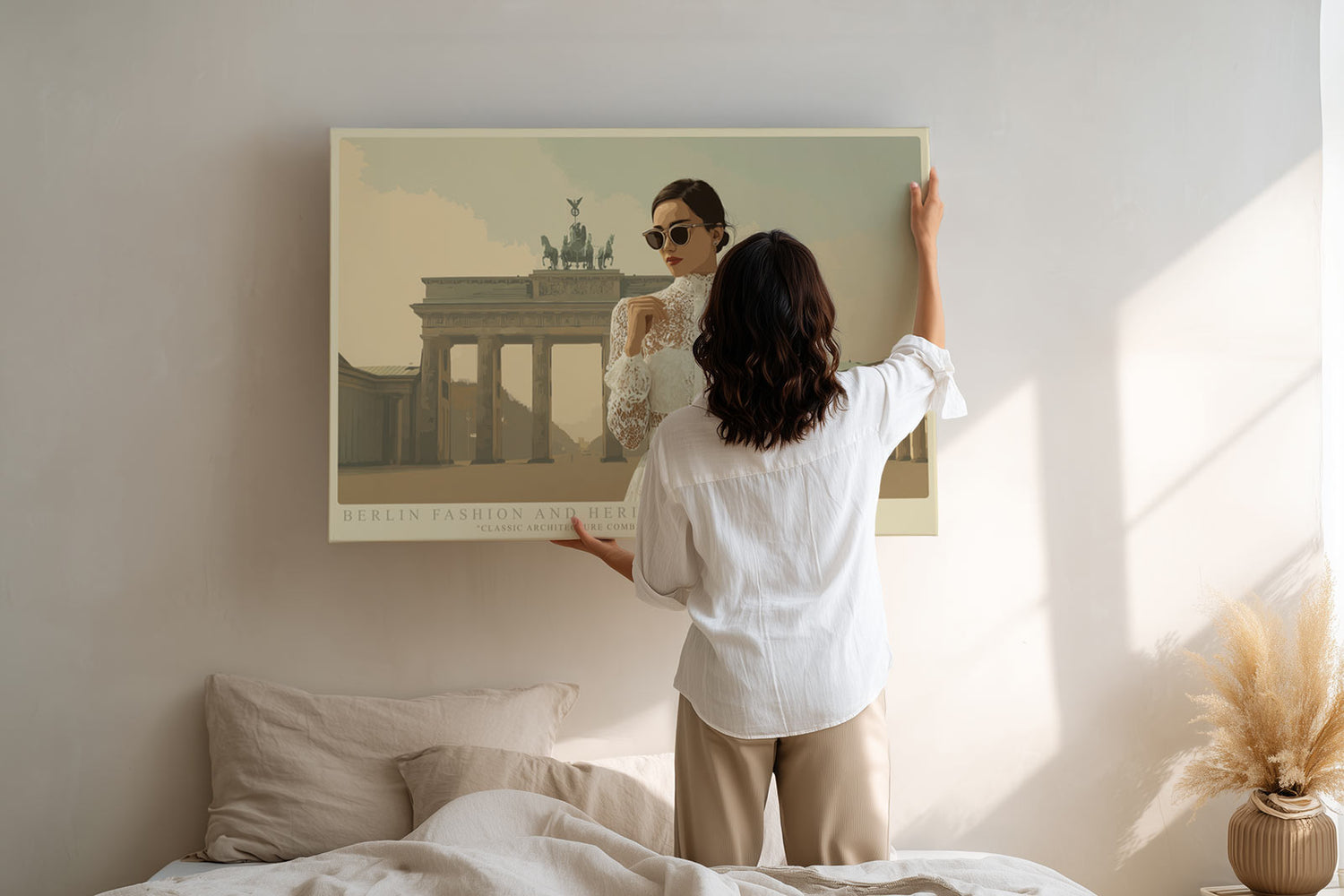 Paul Sinus Wandbild Berlin Fashion and Heritage – Elegante Frau in weißer Spitze vor dem Brandenburger Tor, Symbol für Stil, Geschichte und moderne Ästhetik