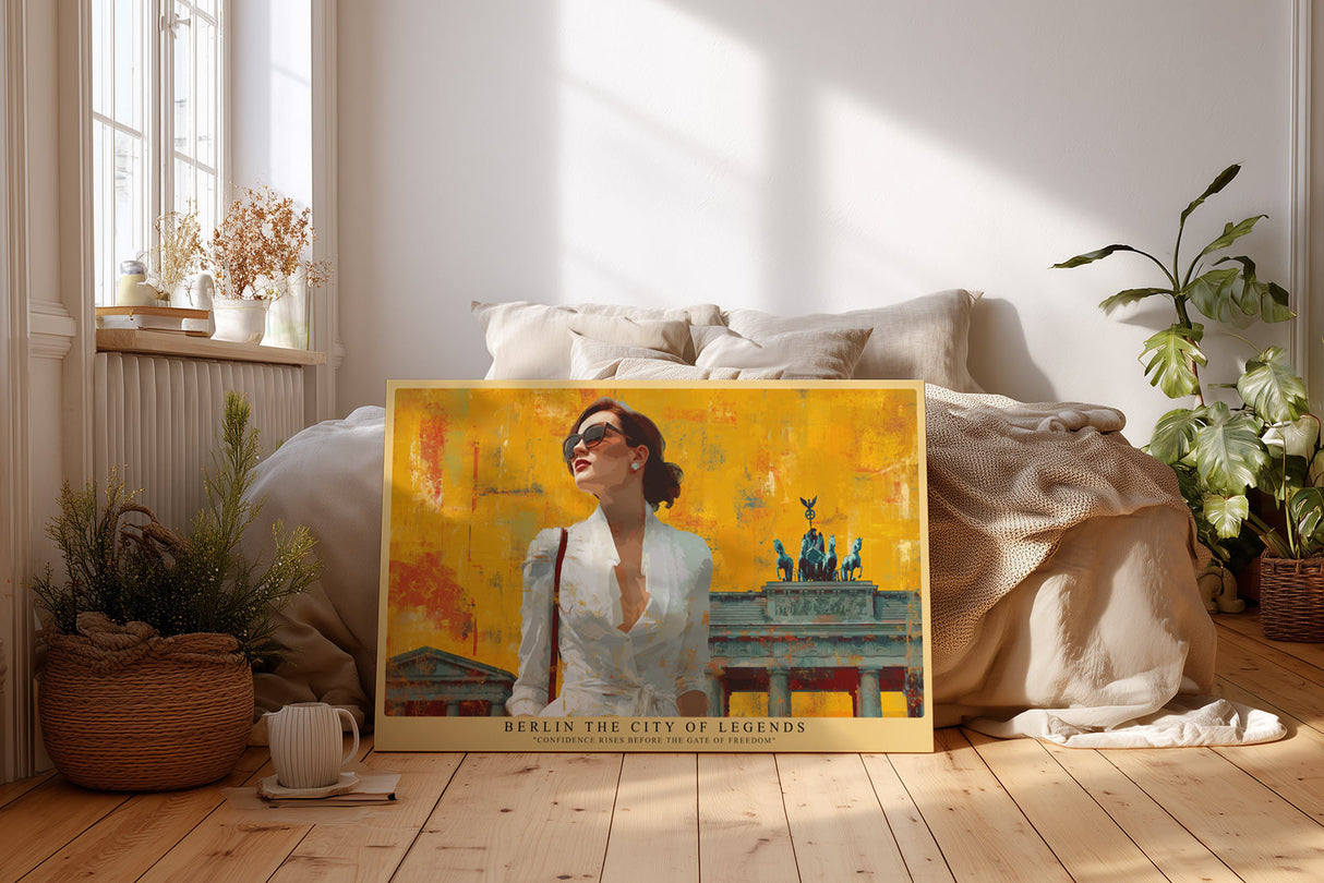 Paul Sinus Wandbild Berlin The City of Legends Modernes Stadtmotiv mit stilisierter Frau vor dem Brandenburger Tor – Sinnbild für Stärke und Freiheit.