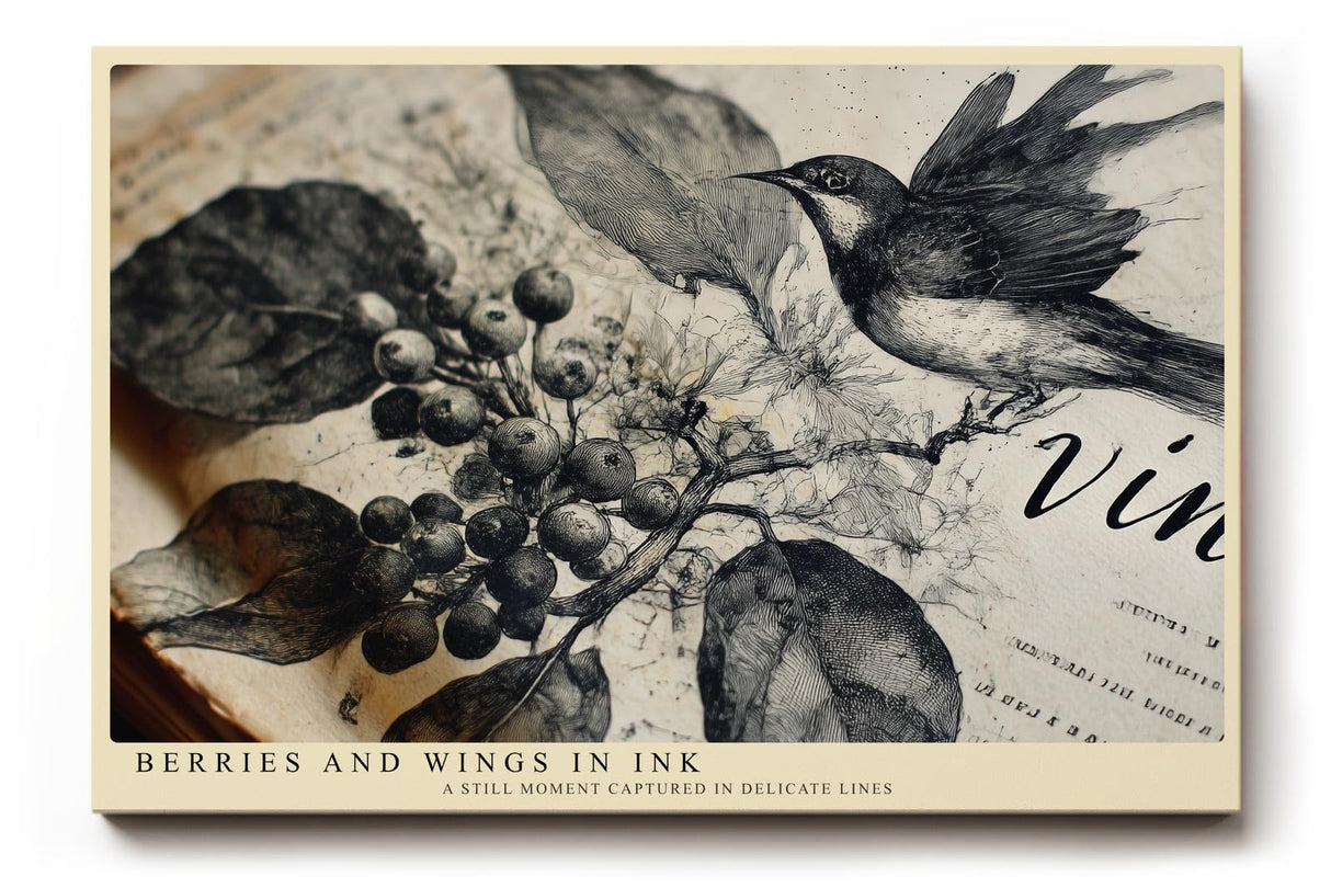 Paul Sinus Wandbild 120x80cm Berries and Wings in Ink Vintage Vogel Illustration mit Beeren Zweigen Natur Kunst Poster für Wohnzimmer Büro