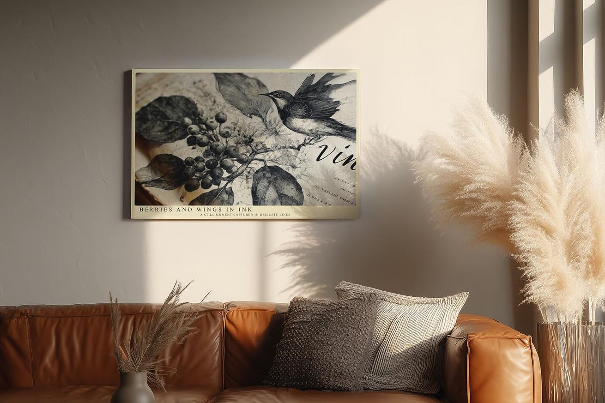 Paul Sinus Wandbild 120x80cm Berries and Wings in Ink Vintage Vogel Illustration mit Beeren Zweigen Natur Kunst Poster für Wohnzimmer Büro