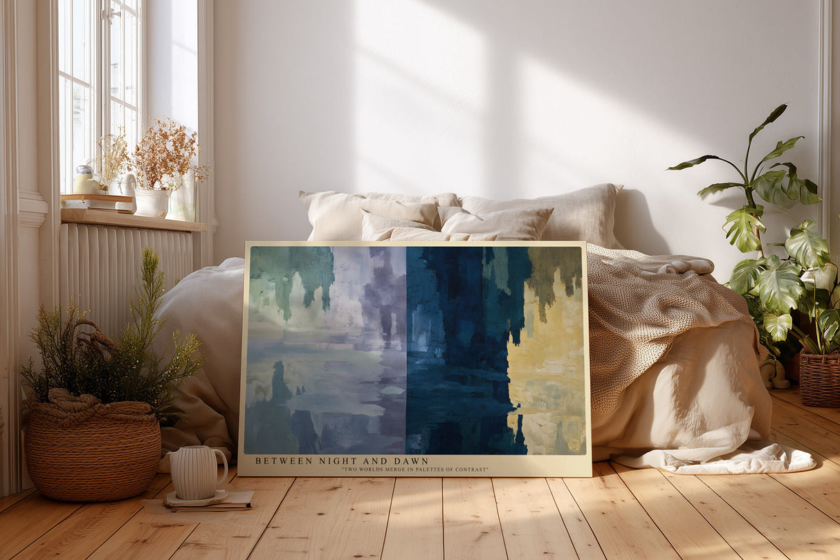 Paul Sinus Wandbild Between Night and Dawn – abstraktes Farbspiel in Blau- und Gelbtönen symbolisiert Übergang, Harmonie und Kontrast