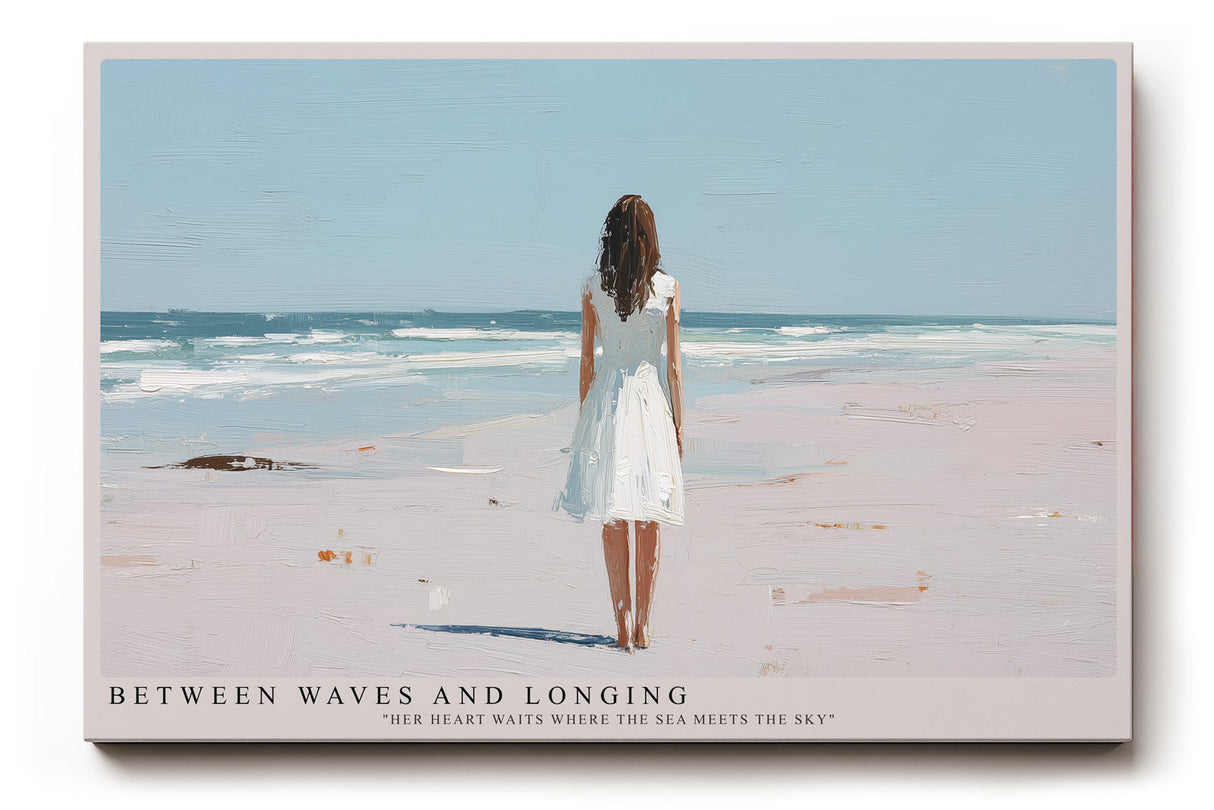 Paul Sinus Wandbild Between Waves and Longing – Frau im weißen Kleid am Meer