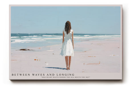 Paul Sinus Wandbild Between Waves and Longing – Frau im weißen Kleid am Meer
