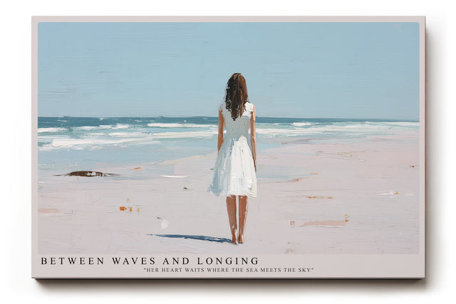 Paul Sinus Wandbild Between Waves and Longing – Frau im weißen Kleid am Meer