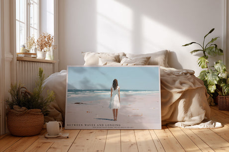 Paul Sinus Wandbild Between Waves and Longing – Frau im weißen Kleid am Meer