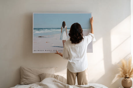Paul Sinus Wandbild Between Waves and Longing – Frau im weißen Kleid am Meer