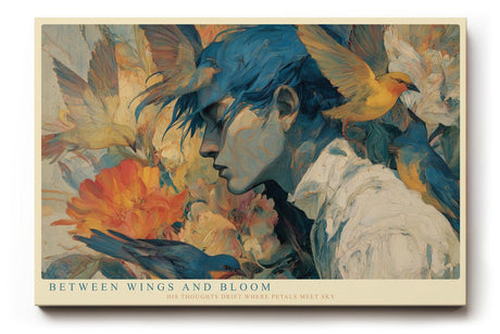 Paul Sinus Wandbild 120x80cm Between Wings and Bloom poetisches Portrait mit Vögeln und Blumen Kunst Poster für Wohnzimmer Schlafzimmer