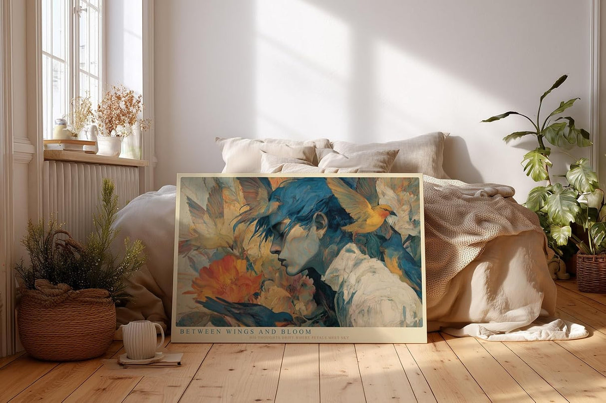 Paul Sinus Wandbild 120x80cm Between Wings and Bloom poetisches Portrait mit Vögeln und Blumen Kunst Poster für Wohnzimmer Schlafzimmer