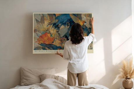Paul Sinus Wandbild 120x80cm Between Wings and Bloom poetisches Portrait mit Vögeln und Blumen Kunst Poster für Wohnzimmer Schlafzimmer
