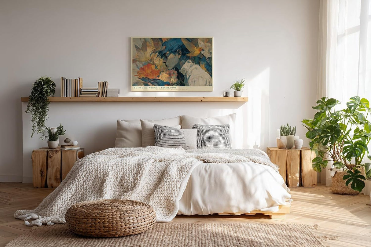 Paul Sinus Wandbild 120x80cm Between Wings and Bloom poetisches Portrait mit Vögeln und Blumen Kunst Poster für Wohnzimmer Schlafzimmer