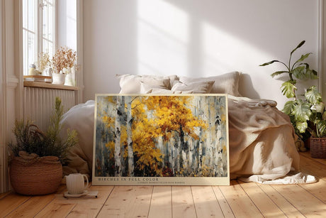 Paul Sinus Wandbild 120x80cm Birken im Herbstwald goldene Blaetter moderne Naturmalerei Leinwand Wanddekoration warme Waldlandschaft fuer Wohnzimmer Büro