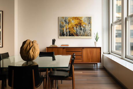 Paul Sinus Wandbild 120x80cm Birken im Herbstwald goldene Blaetter moderne Naturmalerei Leinwand Wanddekoration warme Waldlandschaft fuer Wohnzimmer Büro