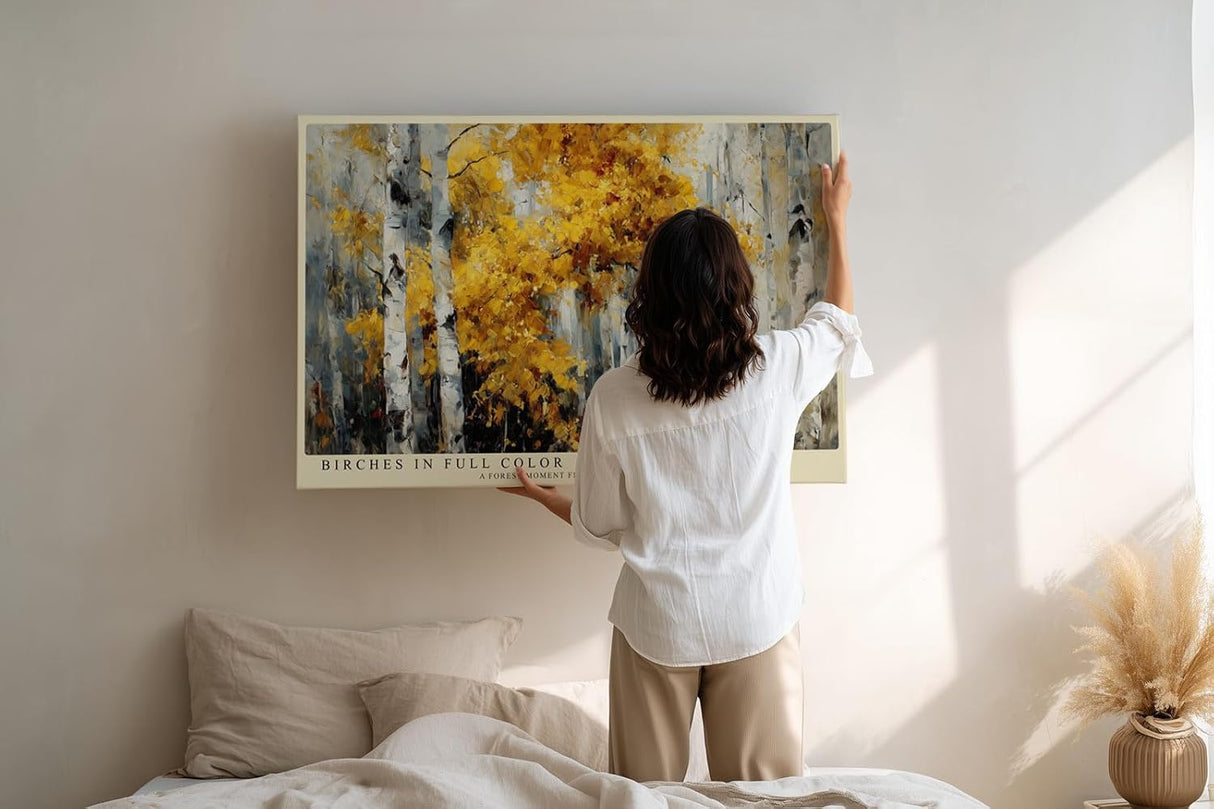 Paul Sinus Wandbild 120x80cm Birken im Herbstwald goldene Blaetter moderne Naturmalerei Leinwand Wanddekoration warme Waldlandschaft fuer Wohnzimmer Büro