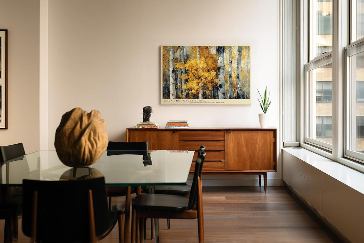 Paul Sinus Wandbild 120x80cm Birkenwald mit goldenen Herbstblaettern moderne Landschaftskunst Leinwand Wanddekoration warme Naturstimmung fuer Wohnzimmer Büro