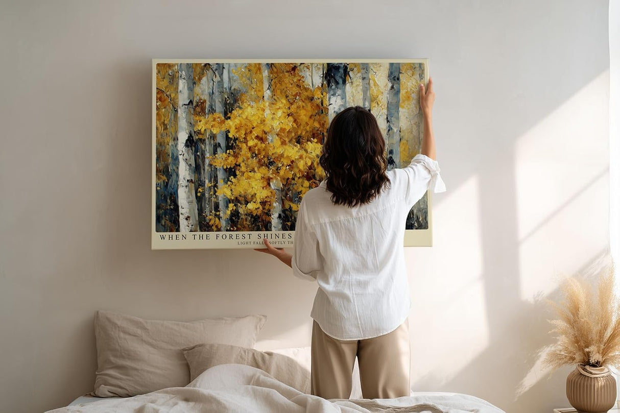 Paul Sinus Wandbild 120x80cm Birkenwald mit goldenen Herbstblaettern moderne Landschaftskunst Leinwand Wanddekoration warme Naturstimmung fuer Wohnzimmer Büro