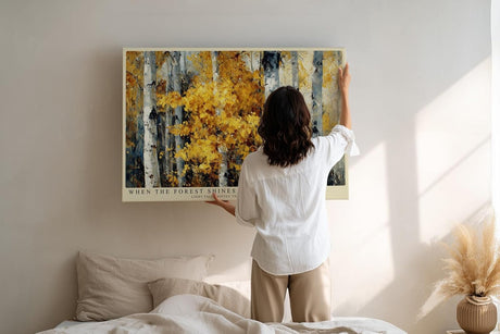 Paul Sinus Wandbild 120x80cm Birkenwald mit goldenen Herbstblaettern moderne Landschaftskunst Leinwand Wanddekoration warme Naturstimmung fuer Wohnzimmer Büro