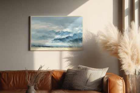 Paul Sinus Wandbild 120x80cm Blaue Berglandschaft im Nebel ruhige Bergkette Landschaftsbild in sanften Blautoenen moderne Natur Wanddekoration