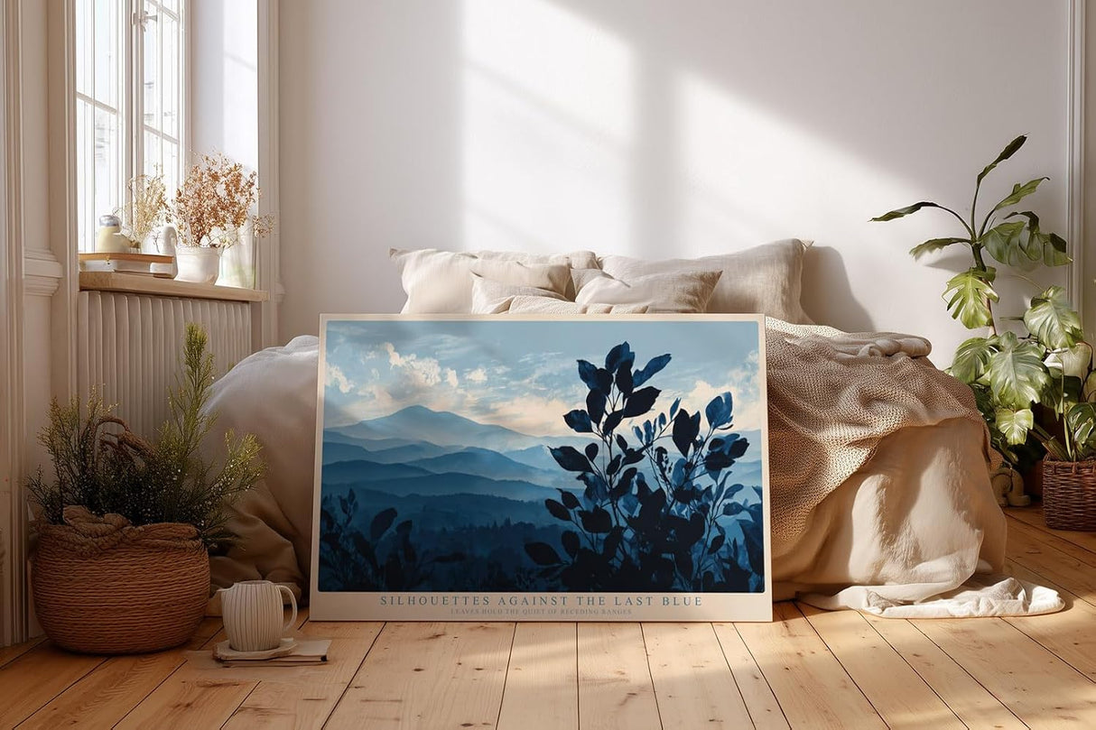 Paul Sinus Wandbild 120x80cm Blaue Berglandschaft mit Pflanzen Silhouetten ruhige Naturkunst