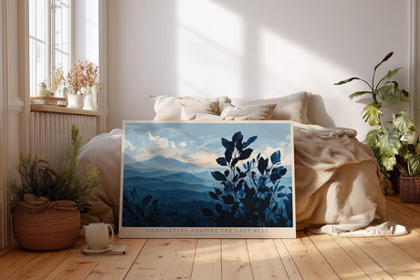 Paul Sinus Wandbild 120x80cm Blaue Berglandschaft mit Pflanzen Silhouetten ruhige Naturkunst