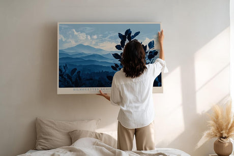 Paul Sinus Wandbild 120x80cm Blaue Berglandschaft mit Pflanzen Silhouetten ruhige Naturkunst
