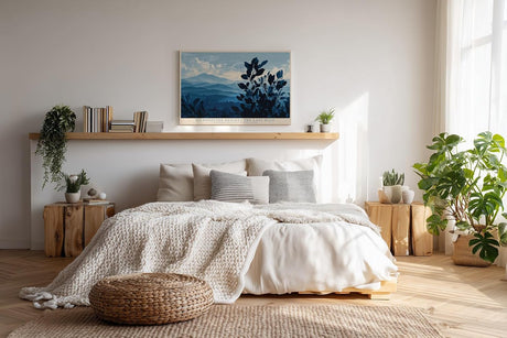 Paul Sinus Wandbild 120x80cm Blaue Berglandschaft mit Pflanzen Silhouetten ruhige Naturkunst