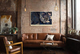 Paul Sinus Wandbild 120x80cm blaue Blumen abstrakte florale Kunst dunkelblau gold elegante Wanddekoration fuer Wohnzimmer Büro