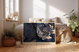Paul Sinus Wandbild 120x80cm blaue Blumen abstrakte florale Kunst dunkelblau gold elegante Wanddekoration fuer Wohnzimmer Büro