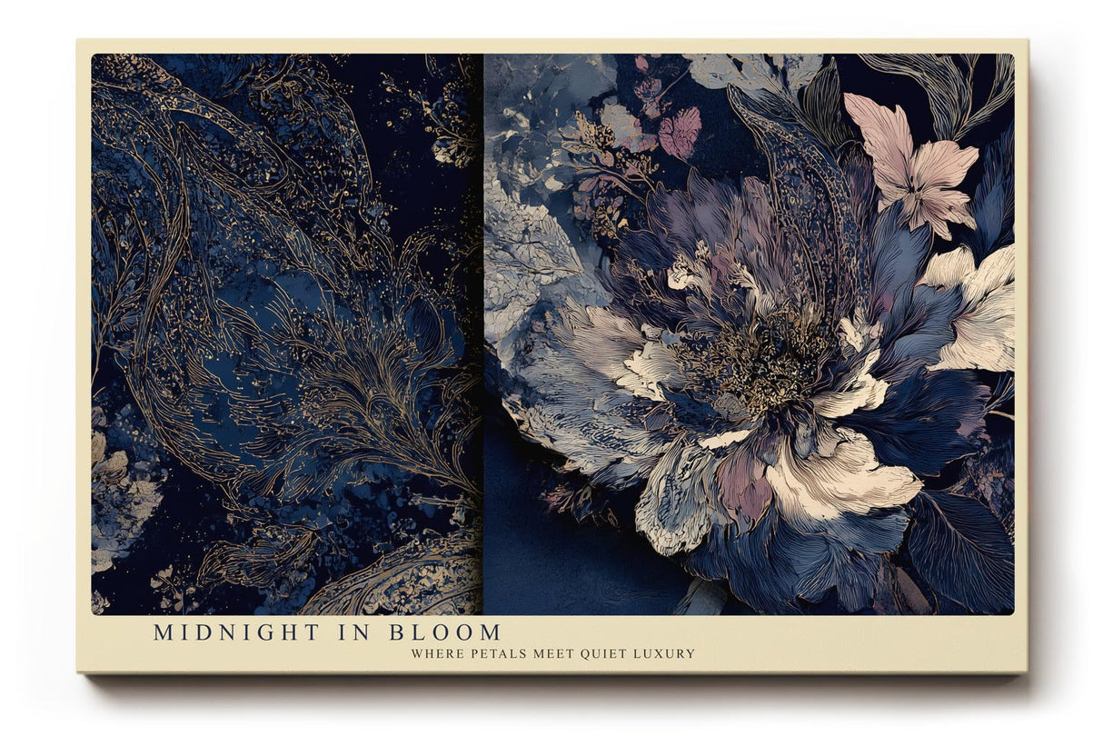 Paul Sinus Wandbild 120x80cm blaue Blumen abstrakte florale Kunst dunkelblau gold elegante Wanddekoration fuer Wohnzimmer Büro