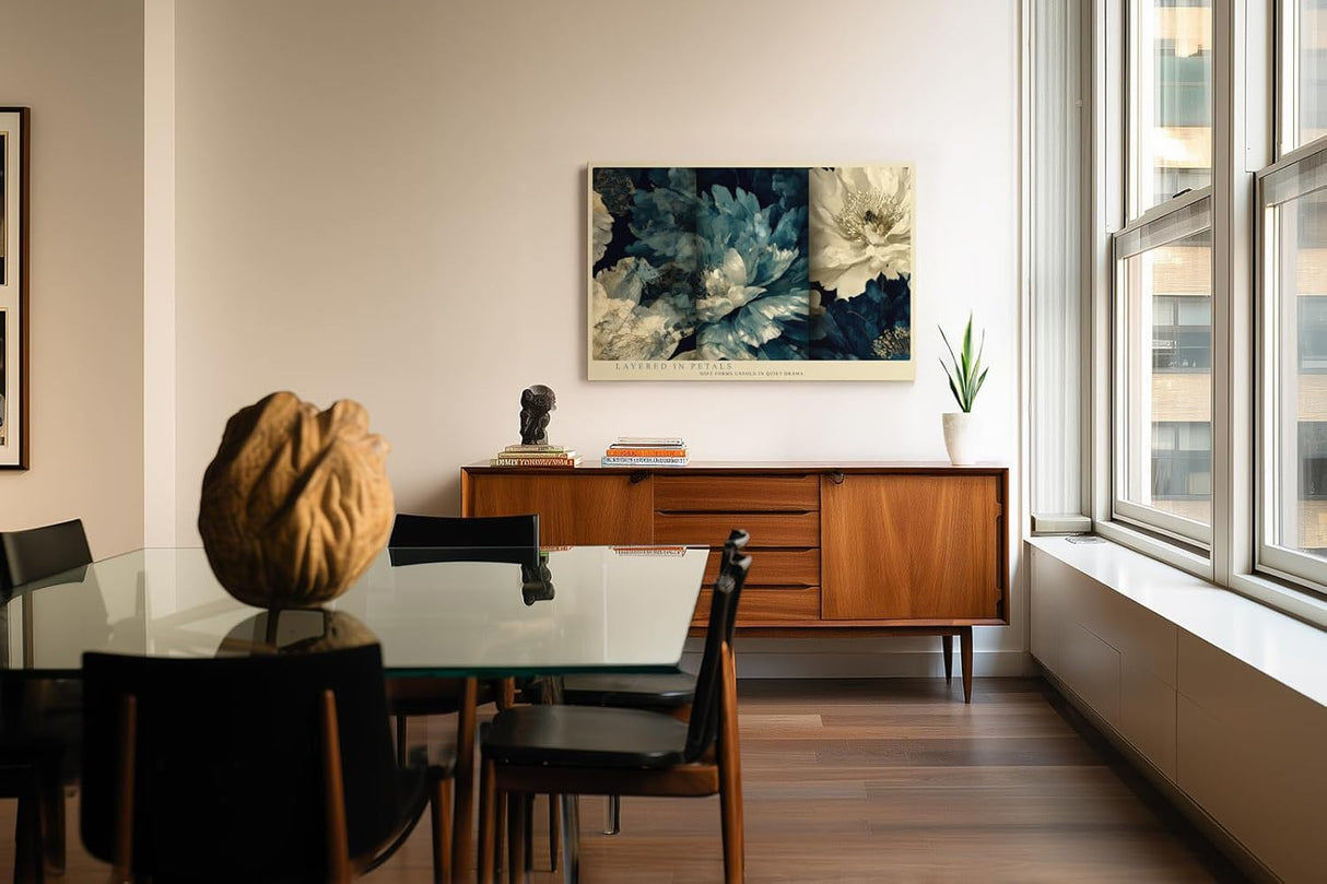 Paul Sinus Wandbild 120x80cm blaue Blumen abstrakte florale Kunst moderne Blumenmalerei elegante Wanddekoration fuer Wohnzimmer Büro