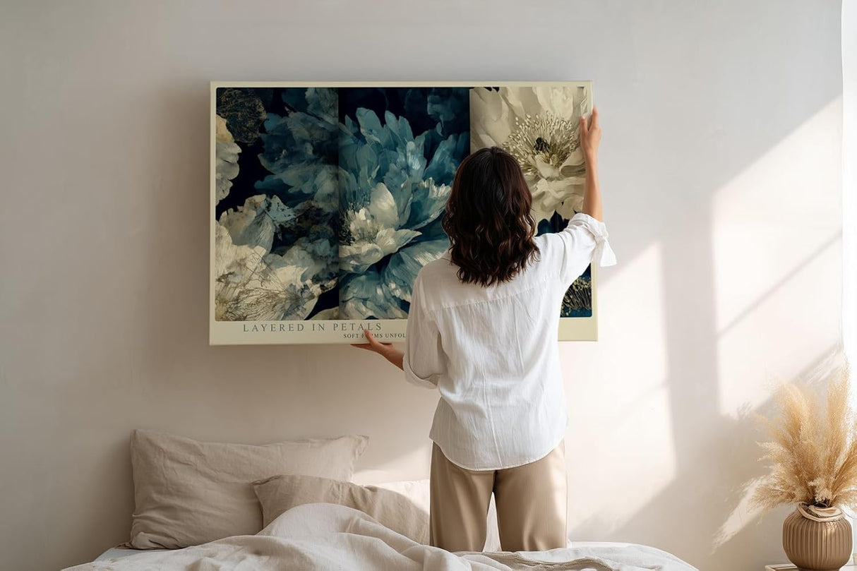 Paul Sinus Wandbild 120x80cm blaue Blumen abstrakte florale Kunst moderne Blumenmalerei elegante Wanddekoration fuer Wohnzimmer Büro