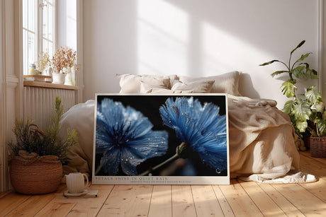 Paul Sinus Wandbild 120x80cm Blaue Blumen Makro mit Wassertropfen elegante florale Naturkunst