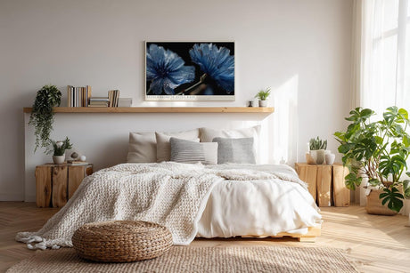 Paul Sinus Wandbild 120x80cm Blaue Blumen Makro mit Wassertropfen elegante florale Naturkunst