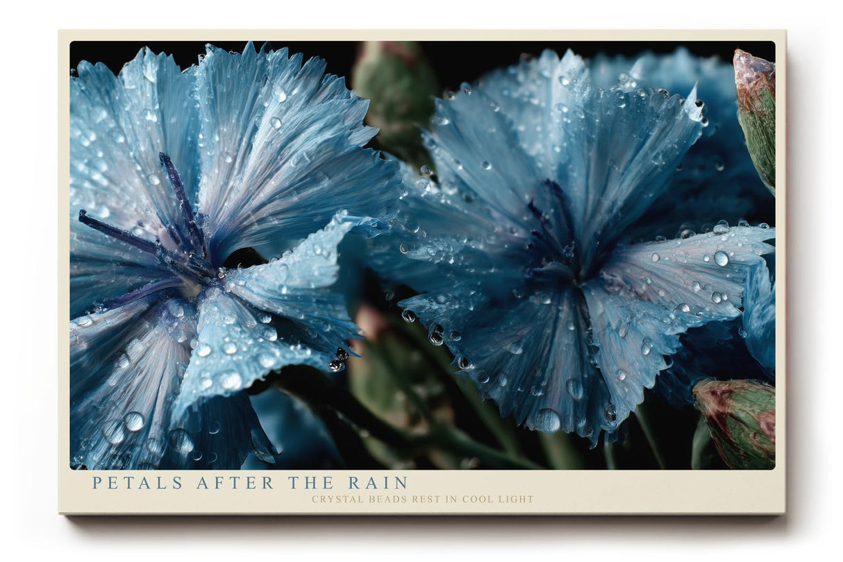 Paul Sinus Wandbild 120x80cm Blaue Blüten Makrofotografie Natur Kunst mit Wassertropfen für Wohnzimmer Schlafzimmer Spa