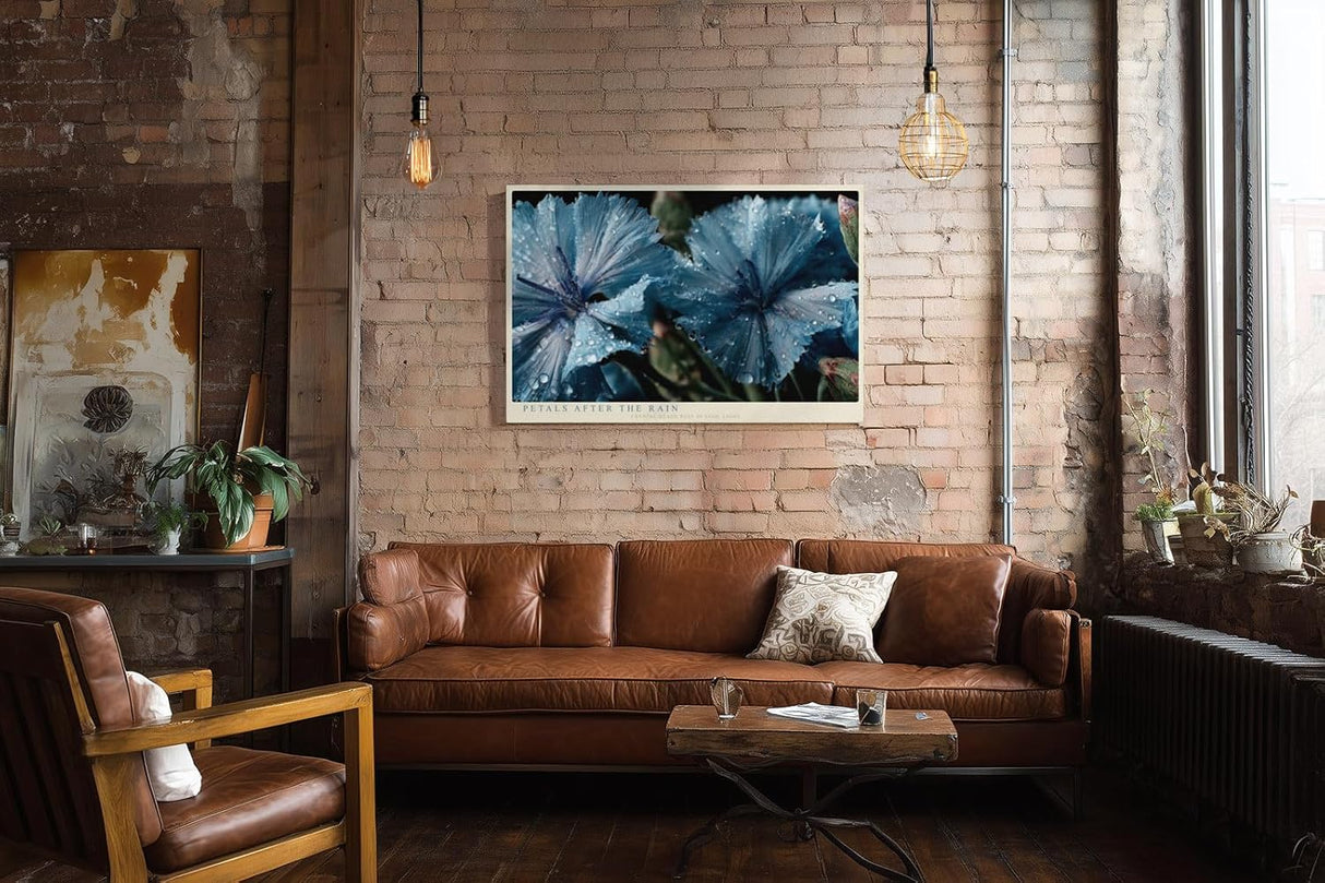Paul Sinus Wandbild 120x80cm Blaue Blüten Makrofotografie Natur Kunst mit Wassertropfen für Wohnzimmer Schlafzimmer Spa