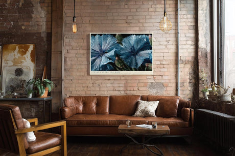 Paul Sinus Wandbild 120x80cm Blaue Blüten Makrofotografie Natur Kunst mit Wassertropfen für Wohnzimmer Schlafzimmer Spa