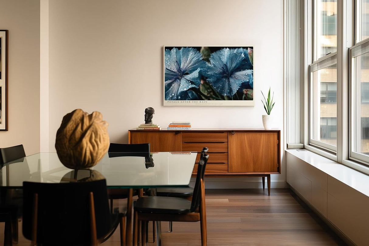 Paul Sinus Wandbild 120x80cm Blaue Blüten Makrofotografie Natur Kunst mit Wassertropfen für Wohnzimmer Schlafzimmer Spa