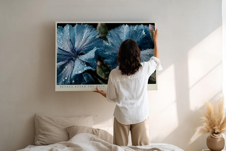 Paul Sinus Wandbild 120x80cm Blaue Blüten Makrofotografie Natur Kunst mit Wassertropfen für Wohnzimmer Schlafzimmer Spa