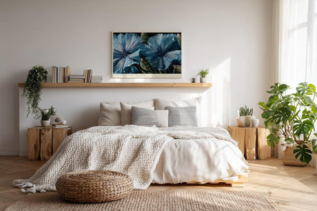 Paul Sinus Wandbild 120x80cm Blaue Blüten Makrofotografie Natur Kunst mit Wassertropfen für Wohnzimmer Schlafzimmer Spa